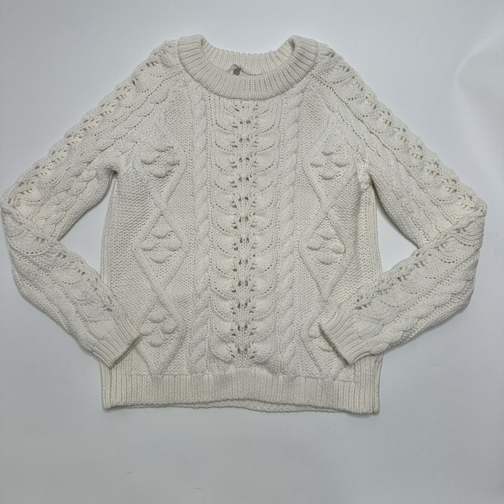 Knitted & Knotted Womens XS Pullover Chunky Crewneck Sweater White Cable Knit